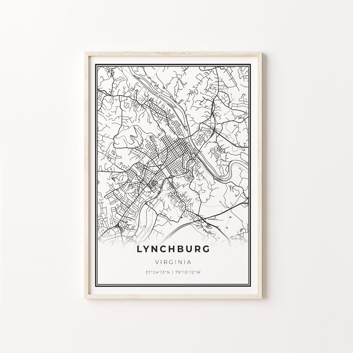 Lynchburg Virginia Minimalist Black And White City Map Art Poster