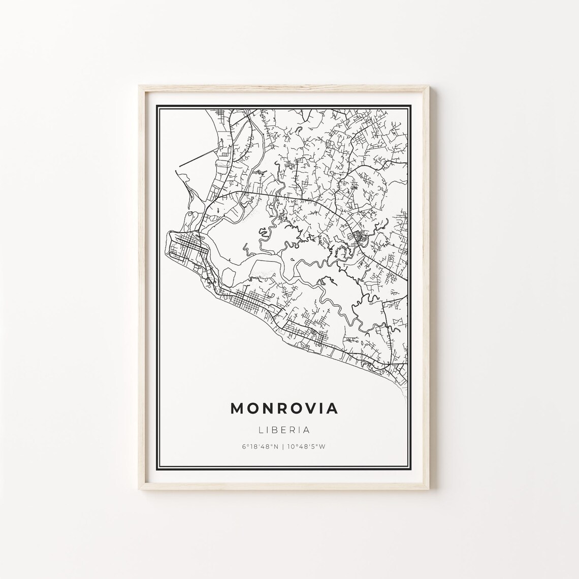 Monrovia Liberia Minimalist Black and White City Street Map Poster