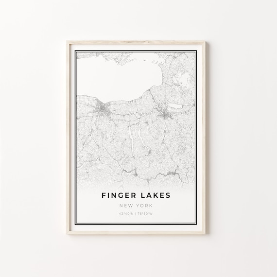 Finger Lakes New York Region Map Black White Street Line Art Travel Poster