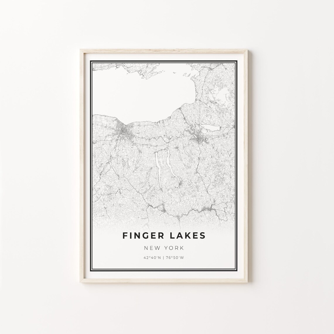 Finger Lakes New York Region Map Black White Street Line Art Travel Poster