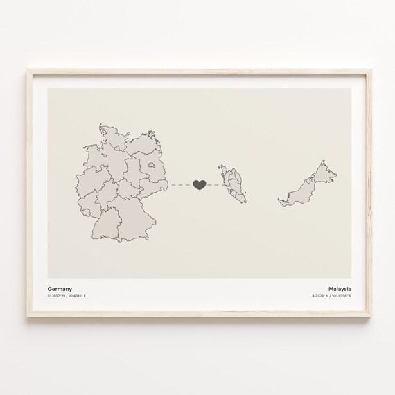 Germany to Malaysia Long Distance Heart Connection Map Poster