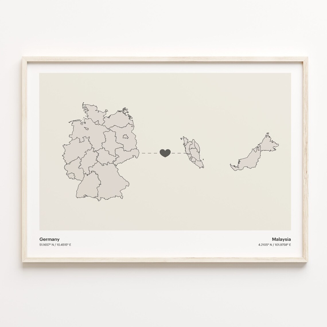 Germany to Malaysia Long Distance Heart Connection Map Poster