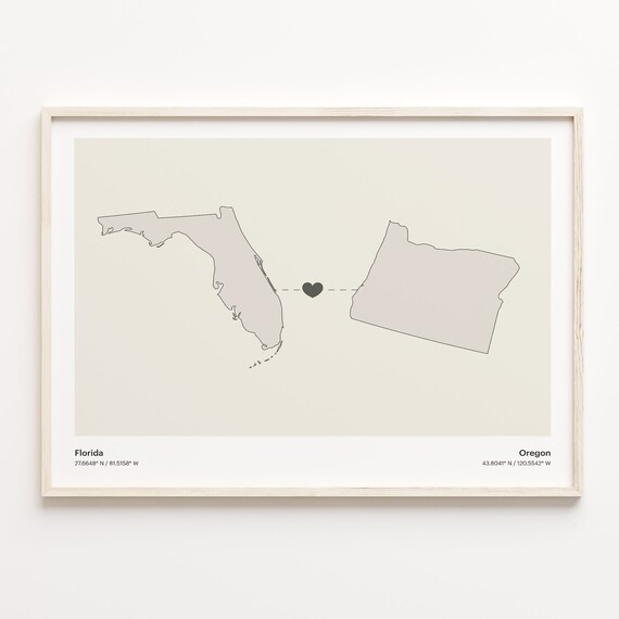 Florida to Oregon Long Distance Love Heart Connection Map Poster
