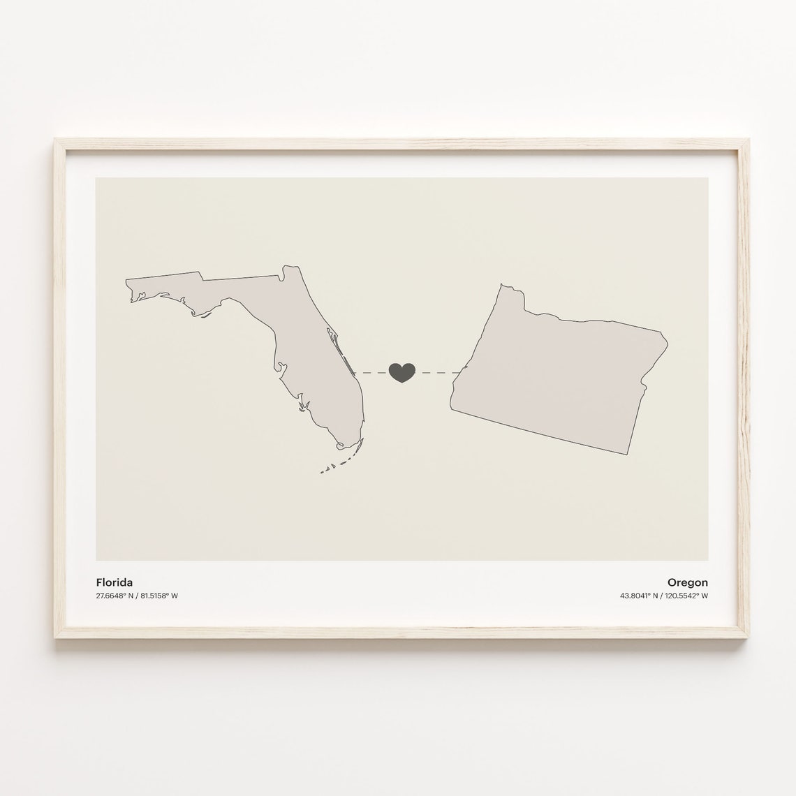 Florida to Oregon Long Distance Love Heart Connection Map Poster