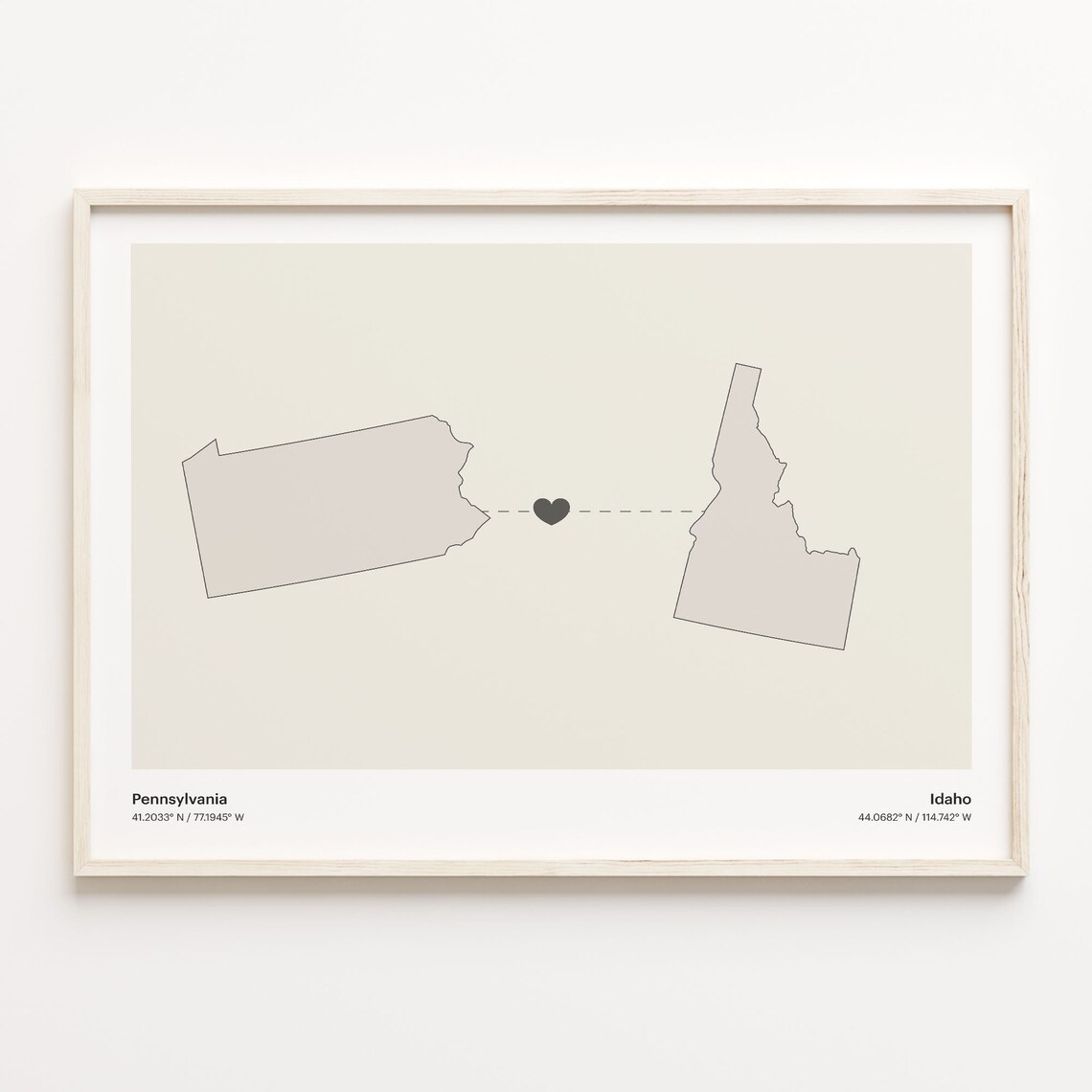 Pennsylvania to Idaho Heartfelt Long Distance Connection Map Poster