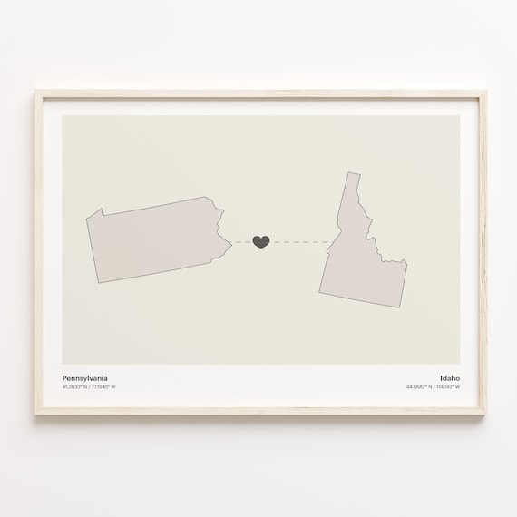 Pennsylvania to Idaho Heartfelt Long Distance Connection Map Poster