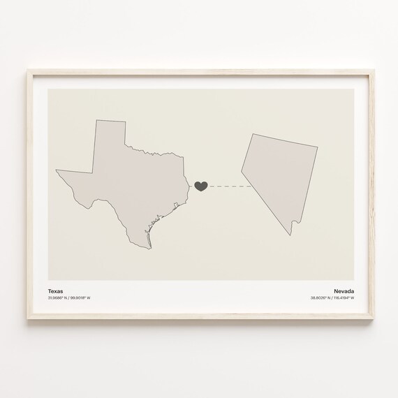 Texas Nevada State Beige Minimalist Heart Connection Map Poster