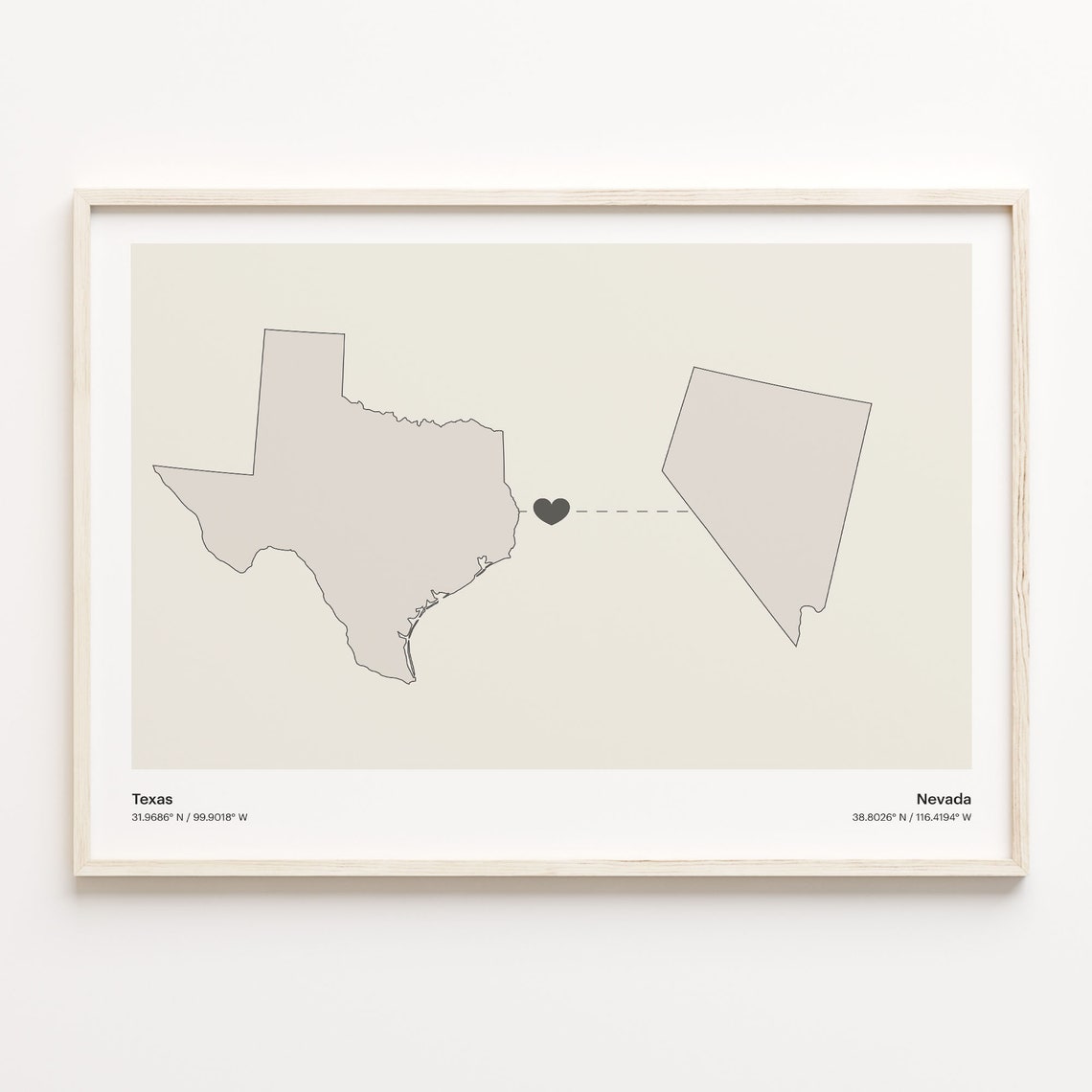 Texas Nevada State Beige Minimalist Heart Connection Map Poster