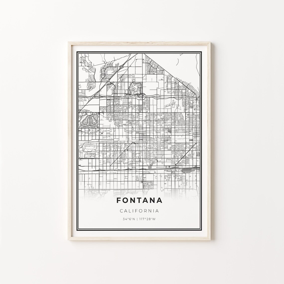 Fontana California City Map Minimalist Black and White Art Poster