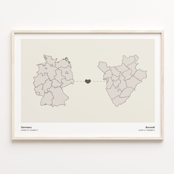 Germany to Burundi Minimalist Long Distance Heart Connection Map Poster
