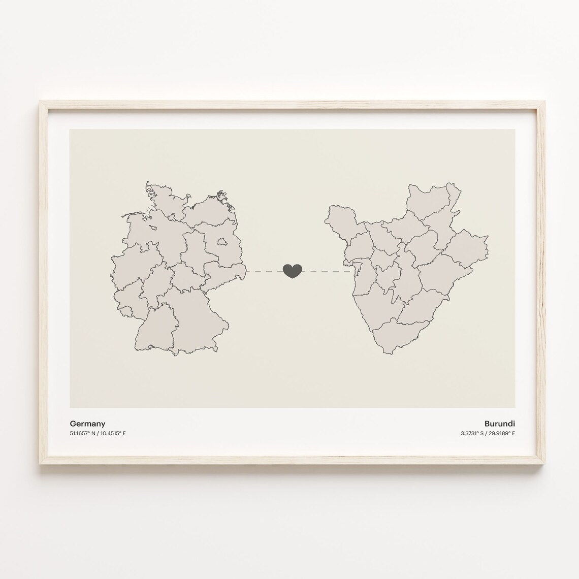 Germany to Burundi Minimalist Long Distance Heart Connection Map Poster