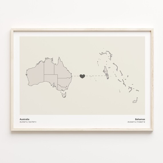 Australia and Bahamas Minimalist Long Distance Heart Map Connection Poster
