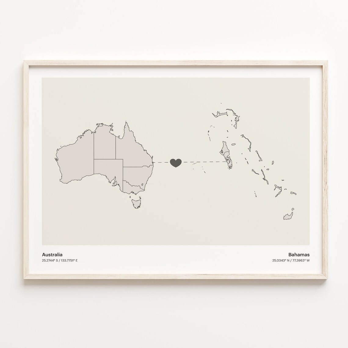 Australia and Bahamas Minimalist Long Distance Heart Map Connection Poster