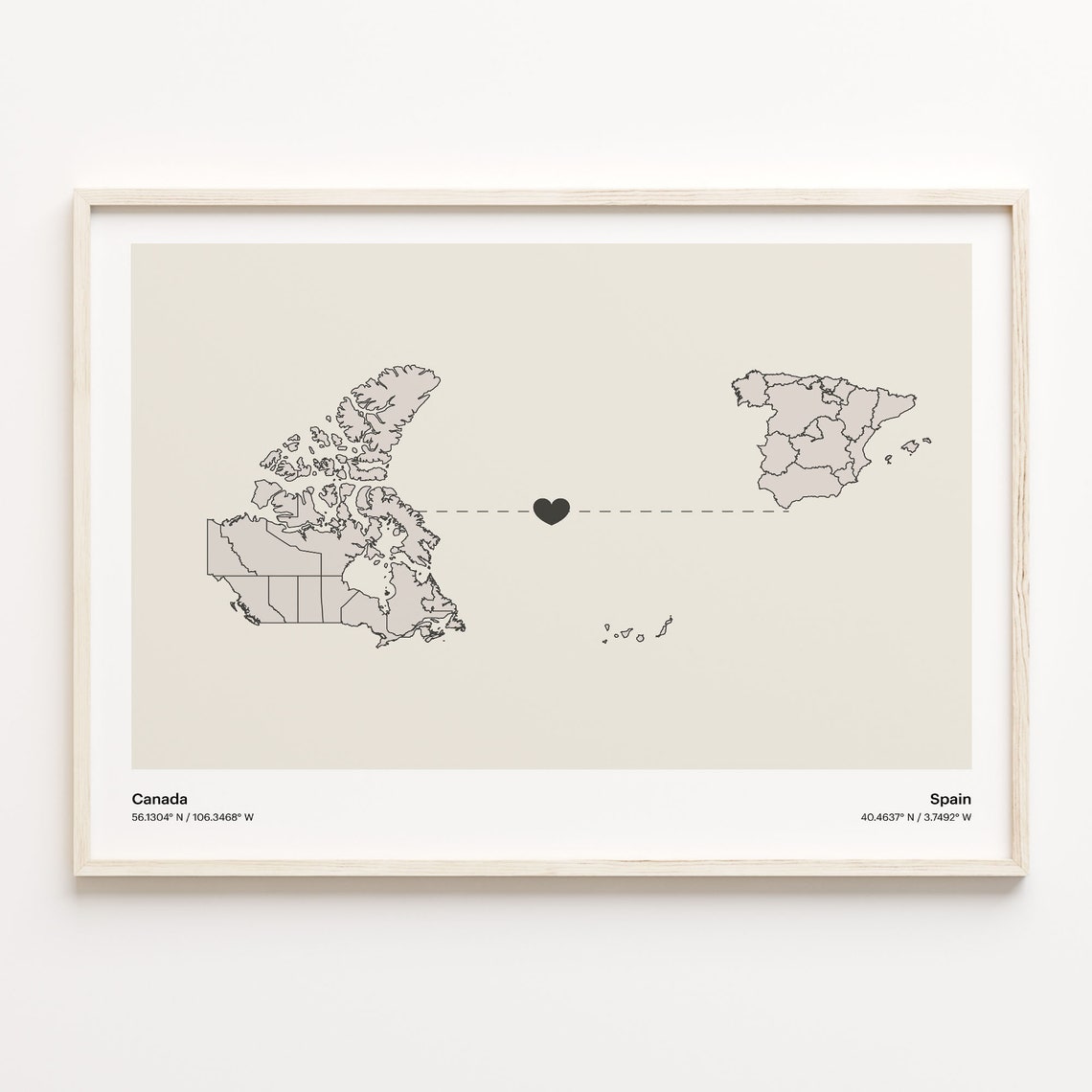 Canada to Spain Long Distance Minimalist Heart Connection Map Poster