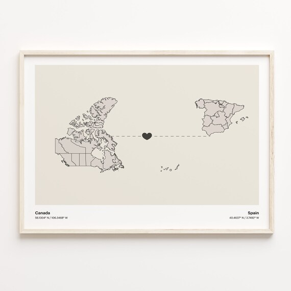 Canada to Spain Long Distance Minimalist Heart Connection Map Poster