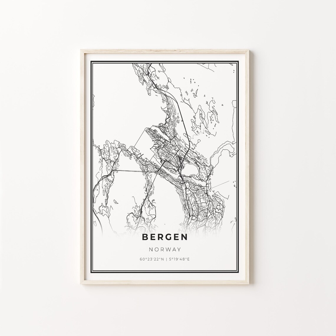 Bergen Norway Modern Black And White Street Map Coordinates Poster