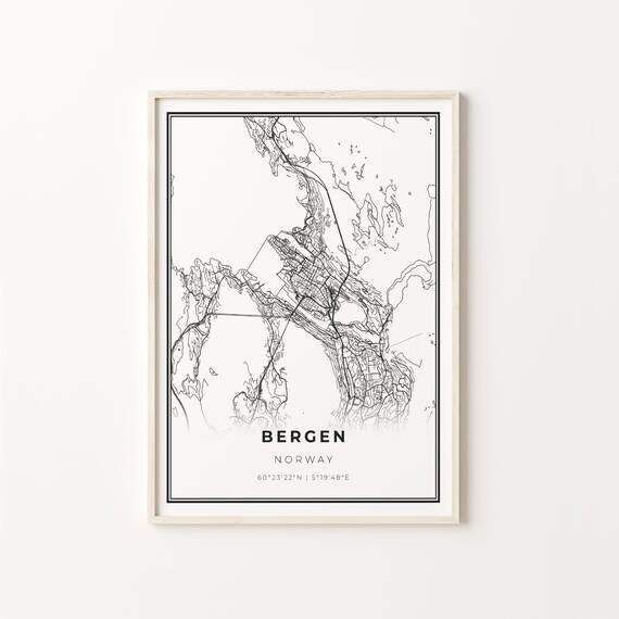 Bergen Norway Modern Black And White Street Map Coordinates Poster