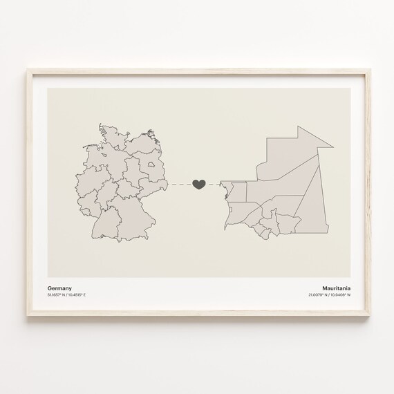 Germany Mauritania Long Distance Heart Connection Map Poster