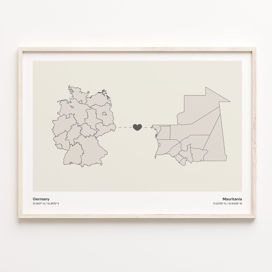 Germany Mauritania Long Distance Heart Connection Map Poster