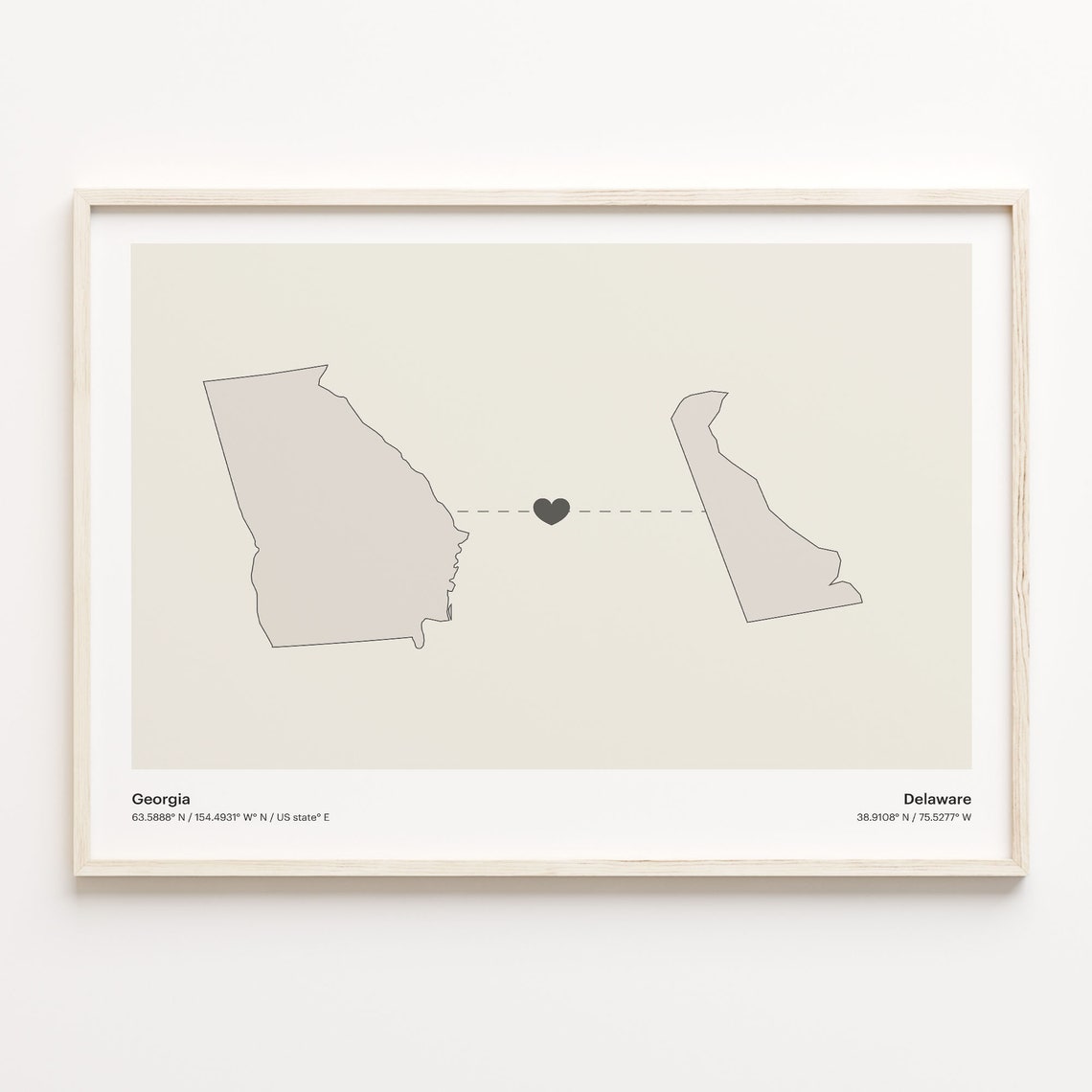 Georgia Delaware Minimalist Long Distance Love Heart Map Poster