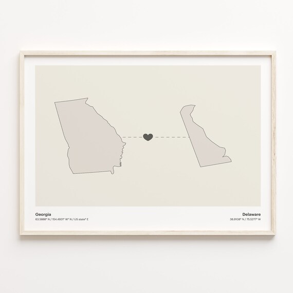 Georgia Delaware Minimalist Long Distance Love Heart Map Poster