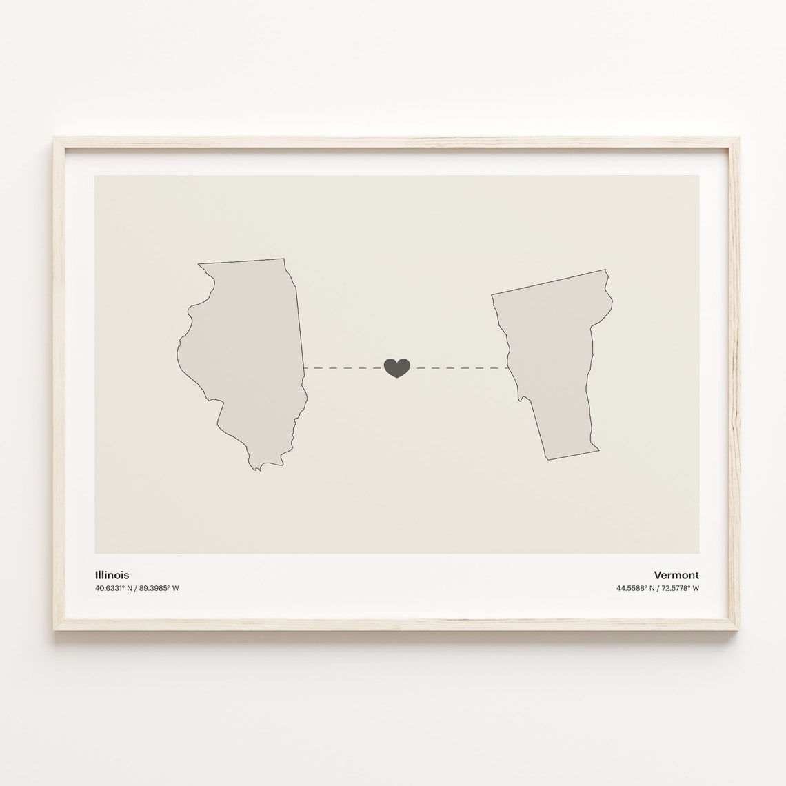 Illinois to Vermont Long Distance Heart State Connection Map Poster
