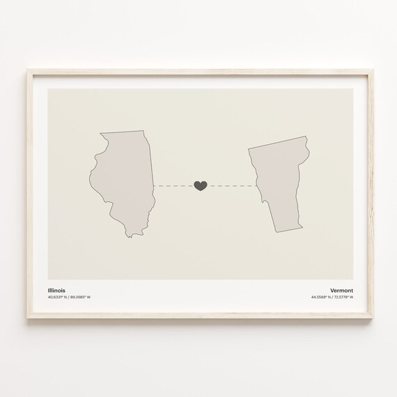 Illinois to Vermont Long Distance Heart State Connection Map Poster