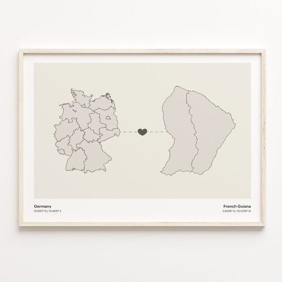 Germany French Guiana Long Distance Heart Connection Map Gift Poster