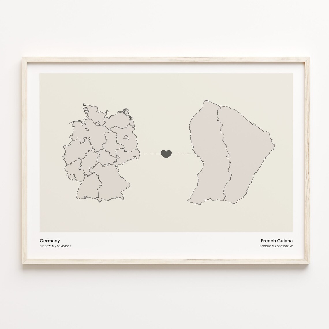 Germany French Guiana Long Distance Heart Connection Map Gift Poster