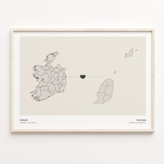 Ireland to Grenada Heart Map Long Distance Love Art Gift Poster