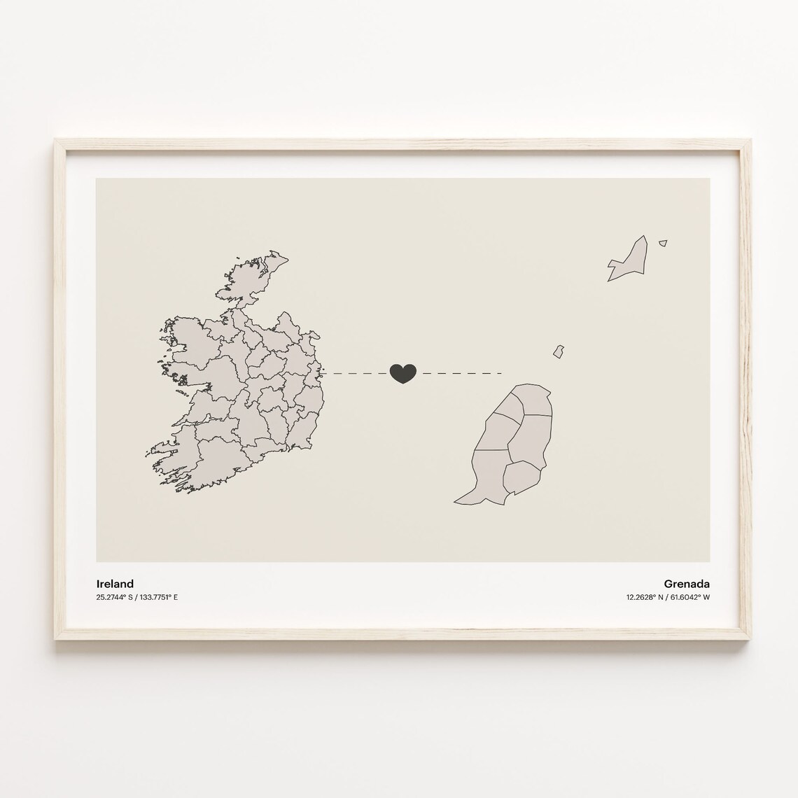 Ireland to Grenada Heart Map Long Distance Love Art Gift Poster