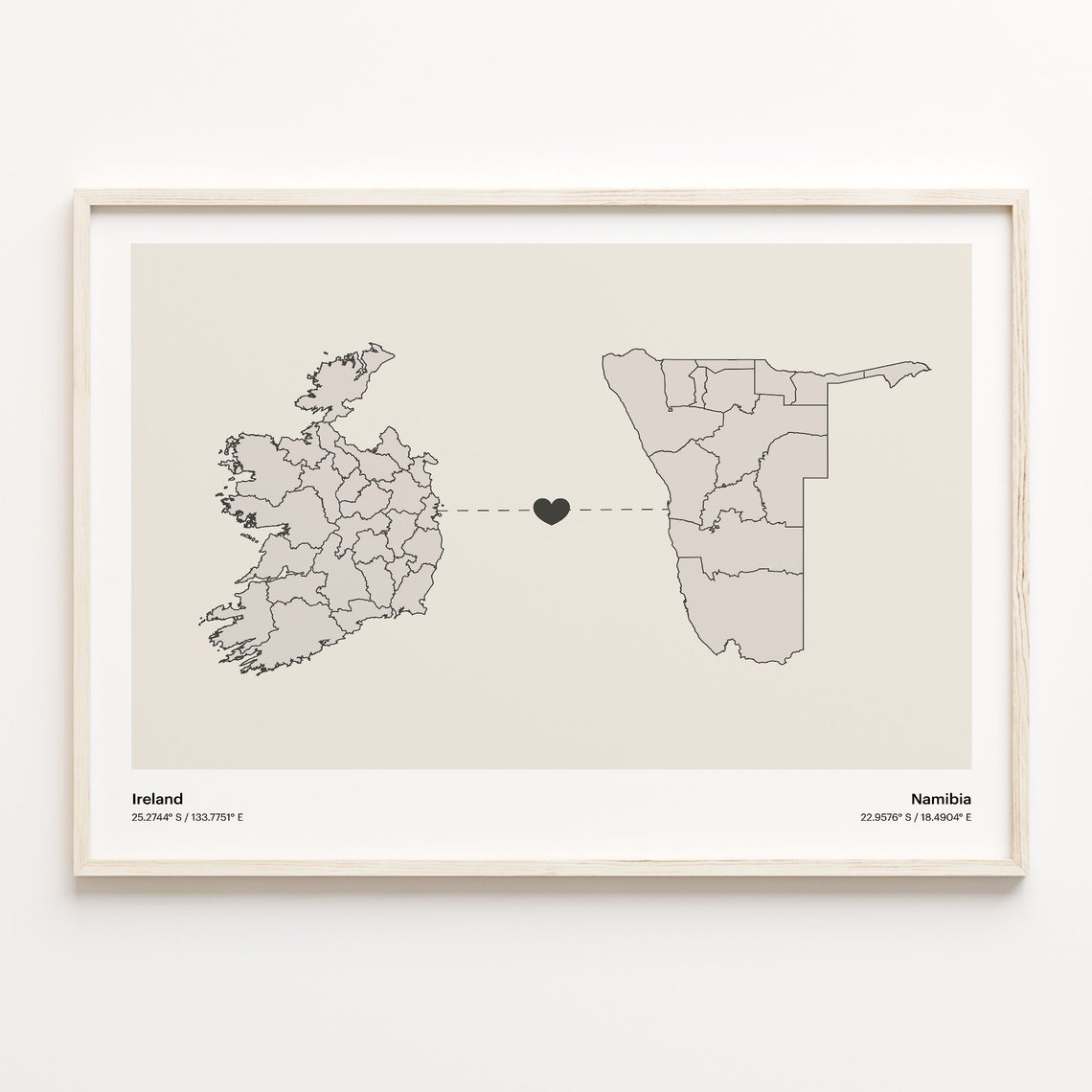 Ireland Namibia Minimalist Long Distance Love Heart Map Poster