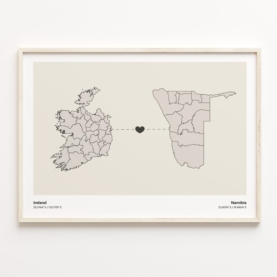 Ireland Namibia Minimalist Long Distance Love Heart Map Poster