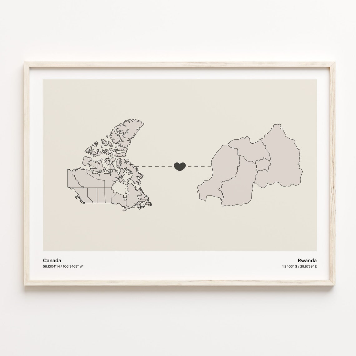 Canada Rwanda Heart Connection Minimalist Beige Country Maps Poster