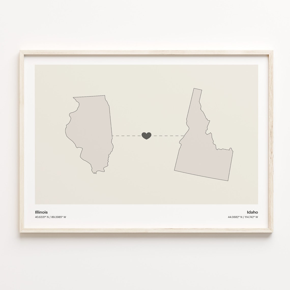 Illinois to Idaho Long Distance Love Heart Connection Map Poster