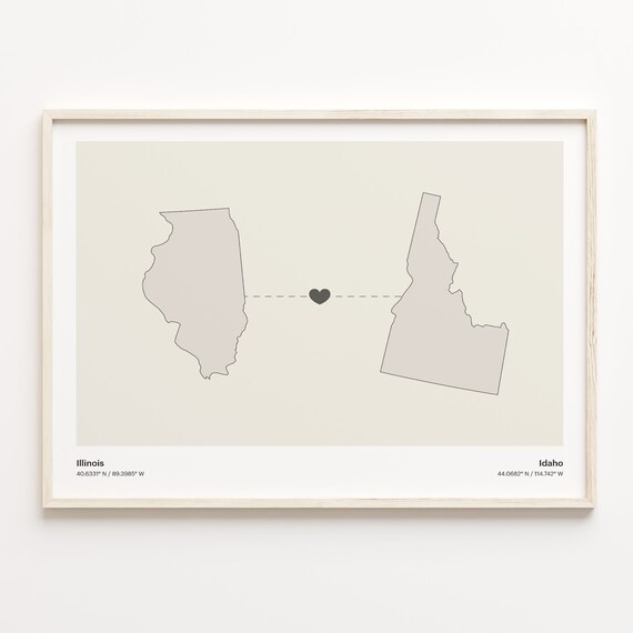 Illinois to Idaho Long Distance Love Heart Connection Map Poster