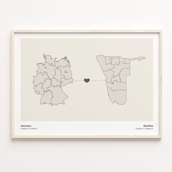 Germany Namibia Long Distance Love Heart Minimalist Map Poster