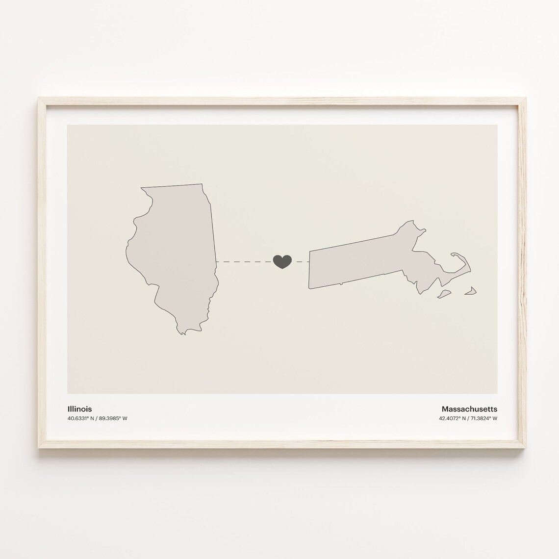 Illinois and Massachusetts Couple Long Distance Love Heart Map Poster