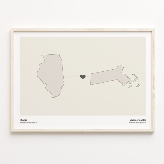 Illinois and Massachusetts Couple Long Distance Love Heart Map Poster