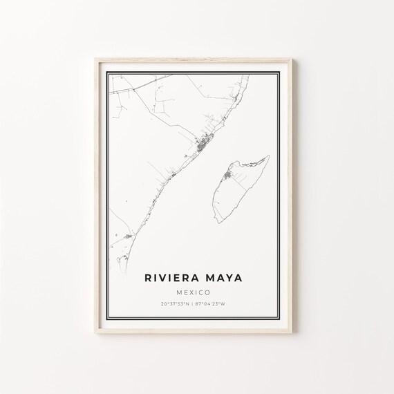 Riviera Maya Mexico Black White Minimalist City Street Map Art Poster