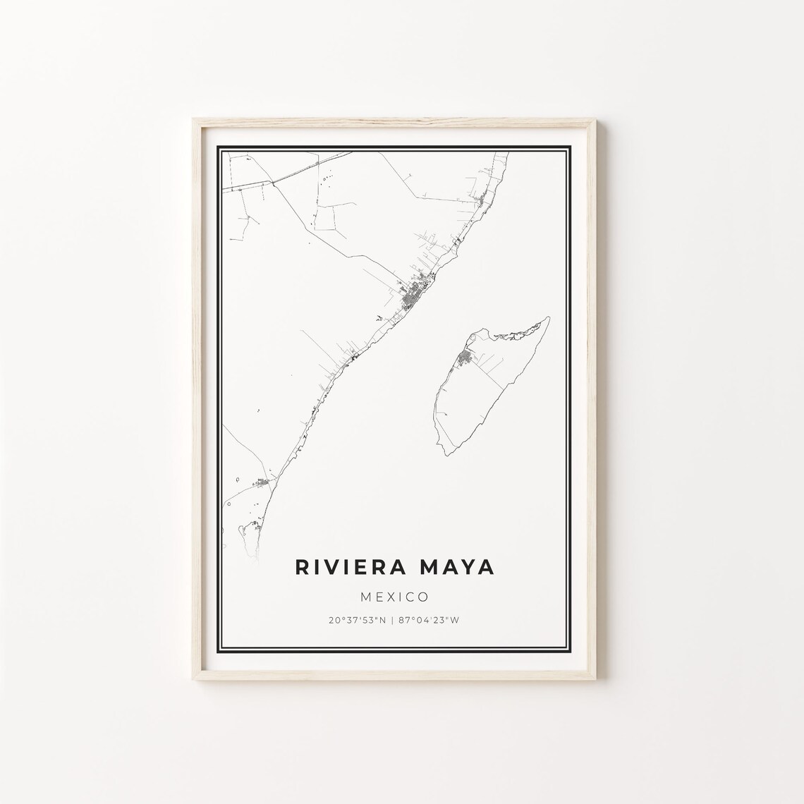 Riviera Maya Mexico Black White Minimalist City Street Map Art Poster