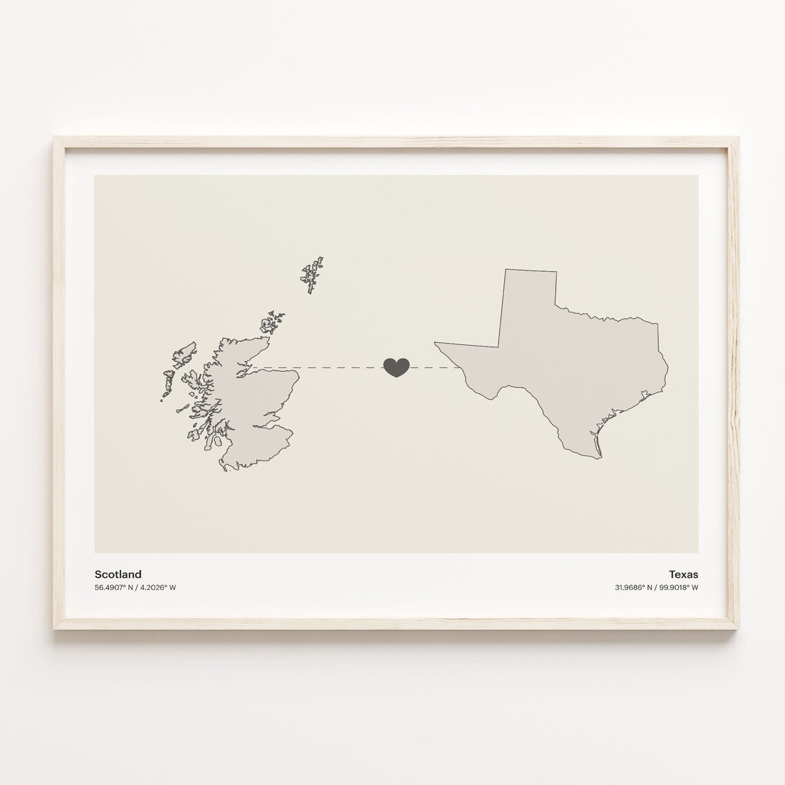 Scotland and Texas Long Distance Heart Map Connection Poster