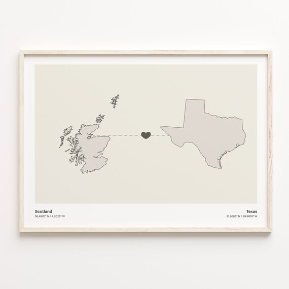 Scotland and Texas Long Distance Heart Map Connection Poster