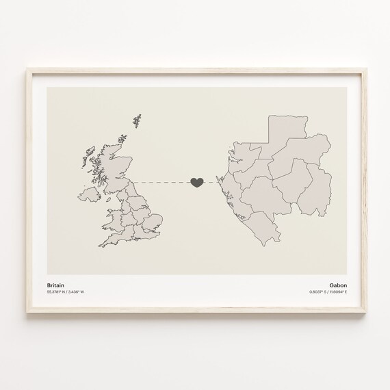 Britain To Gabon Heart Love Connected Places Map Art Gift Poster