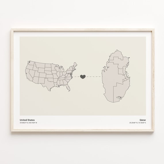 United States To Qatar Travel Map Poster, Minimalist