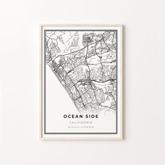 Ocean Side California Modern Minimalist Black White Street Map Poster