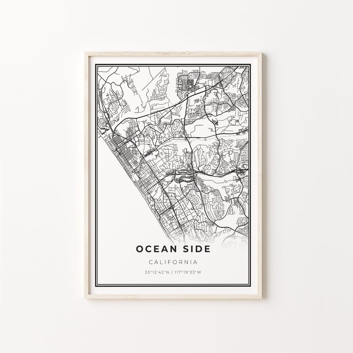 Ocean Side California Modern Minimalist Black White Street Map Poster