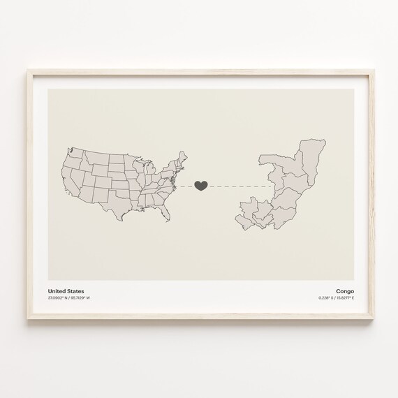 United States to Congo Heart Connection Long Distance Map Poster