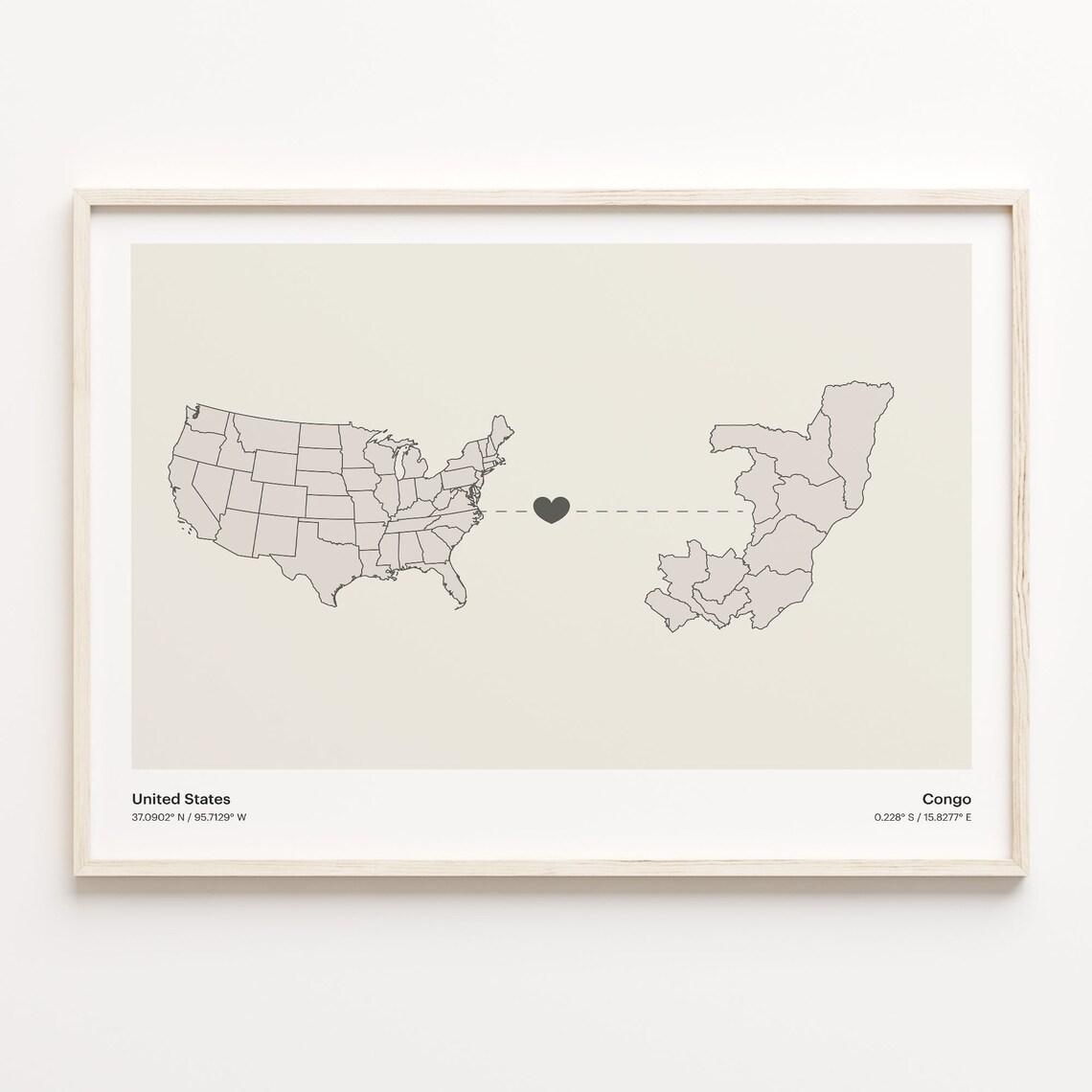 United States to Congo Heart Connection Long Distance Map Poster