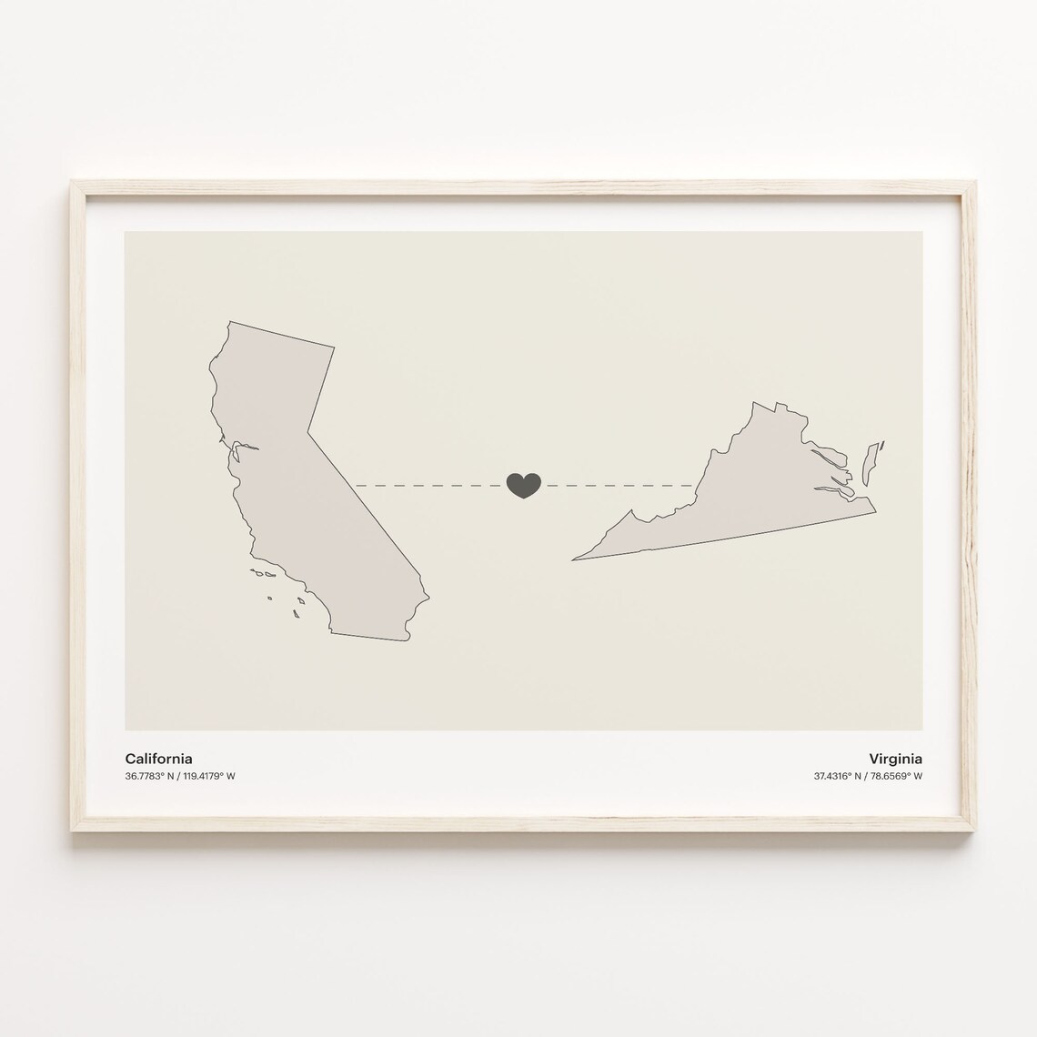 California To Virginia Heart Connected Places Map Art Poster